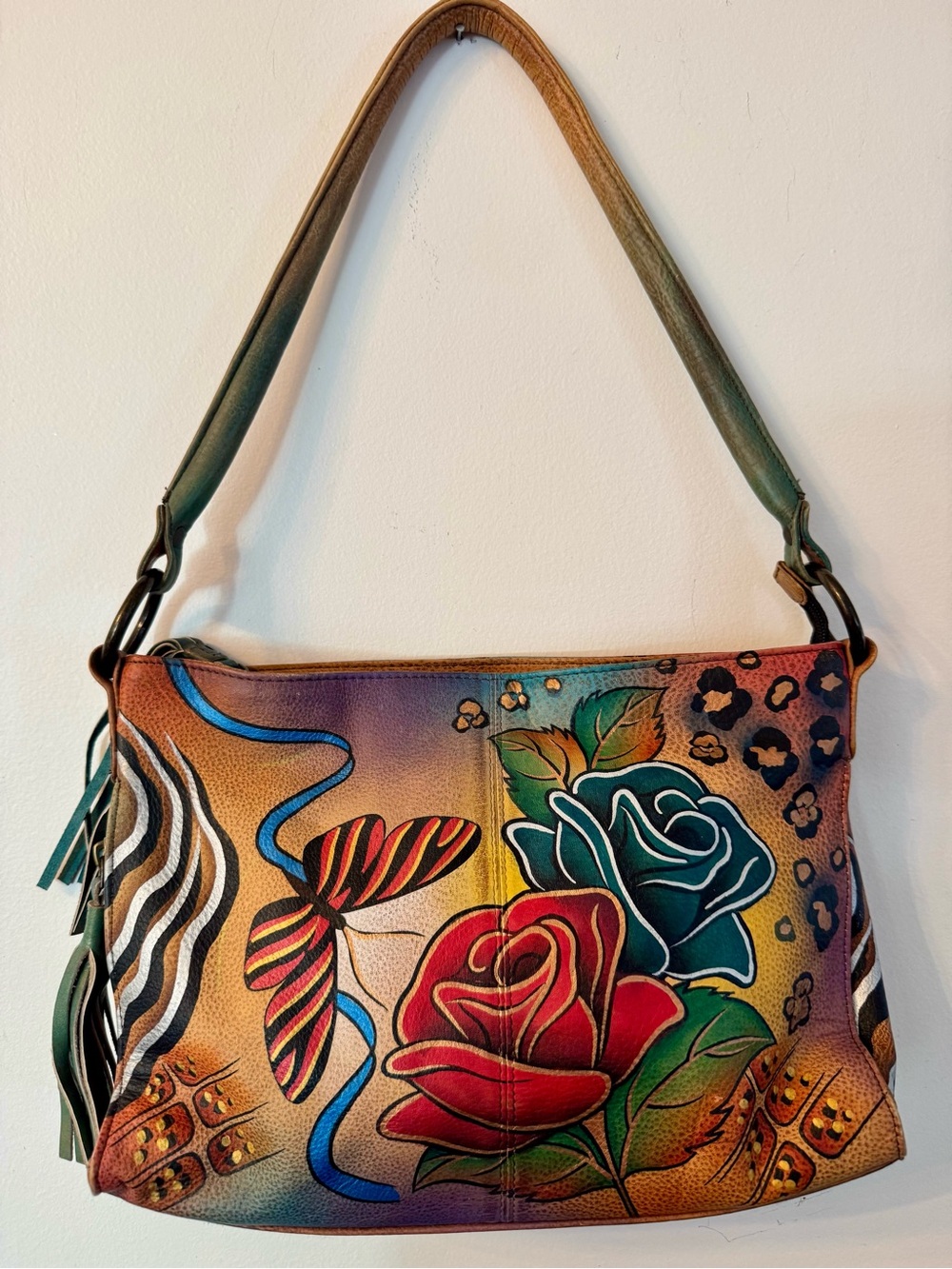 Anuschka Hand-Painted Leather Shoulder Bag in Red, Teal & Multicolor